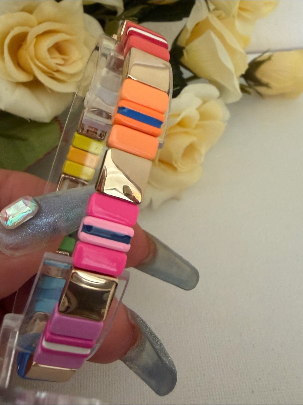 Roxanne Assoulin Authentic Multicolor Enamel Tile & Gold  Stretch  Bracelet NEW